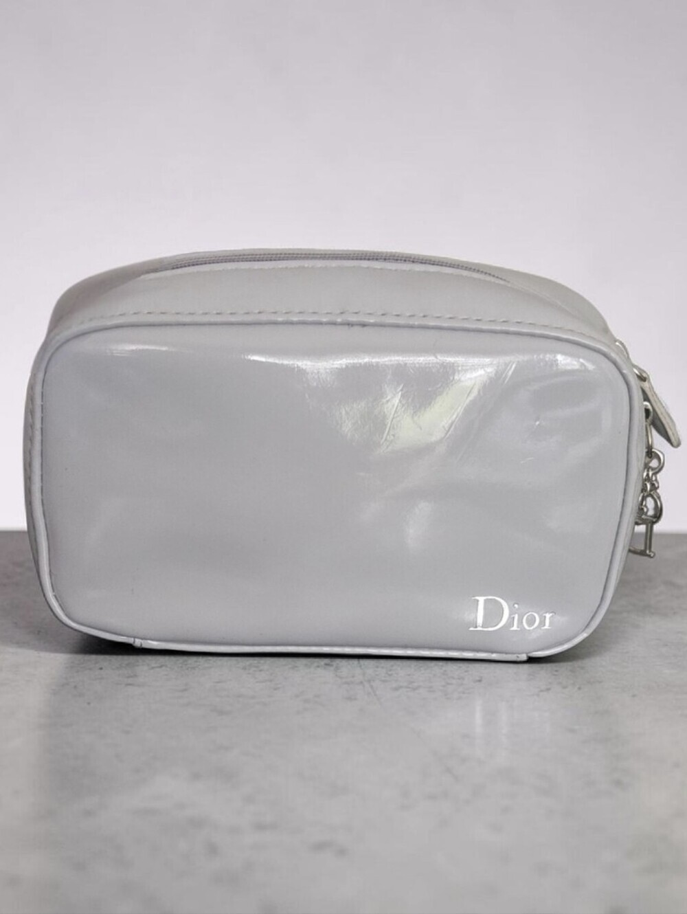 Christian Dior Patent Makeup Travel Bag Dove Gray Faux Patent Leather Charm 6x4"